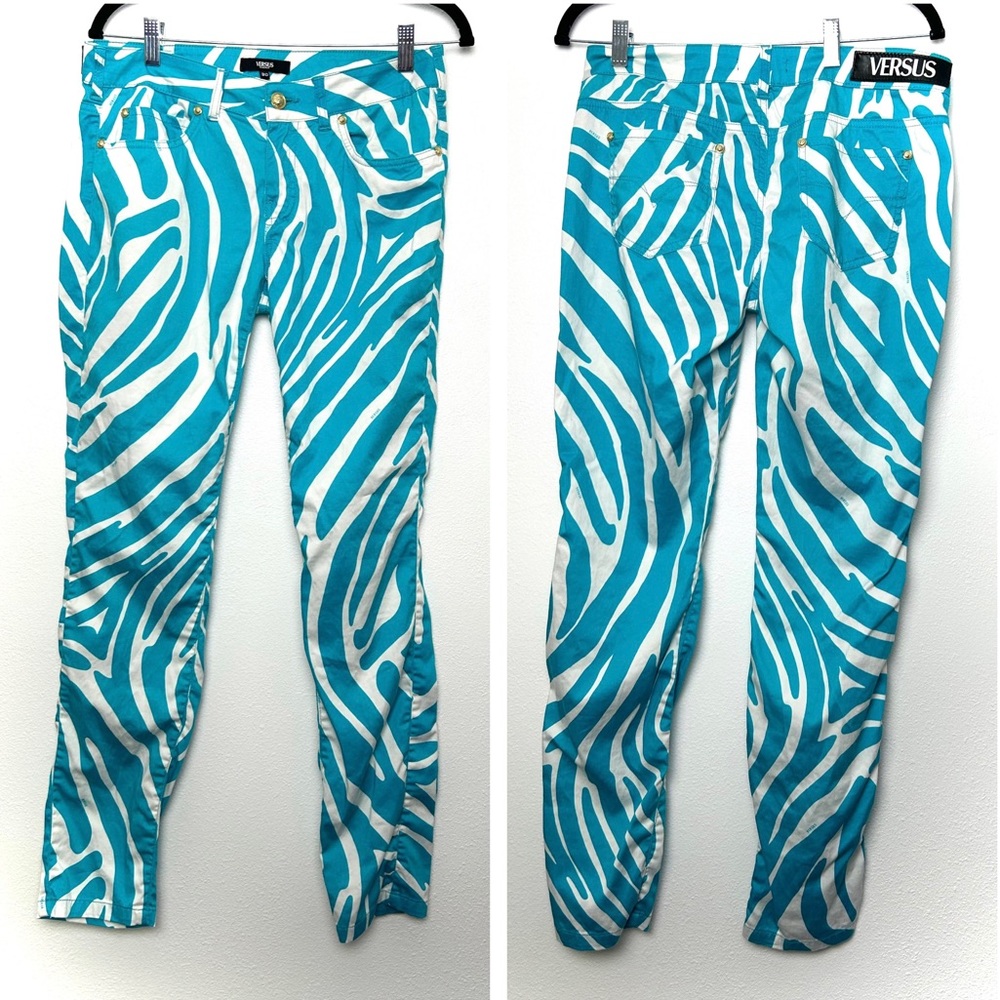 Versus Versace Turquoise Zebra Animal Print Skinny Jeans